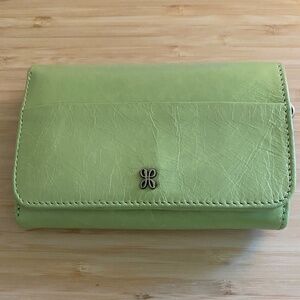 HOBO Anthropologie Jill Trifold Polished Leather Wallet in Celery Green